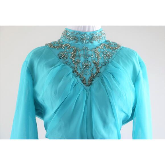 Vintage 1970s Blue Chiffon Maxi Dress with Ornately Beaded Neckline Medium - Picture 2 of 10
